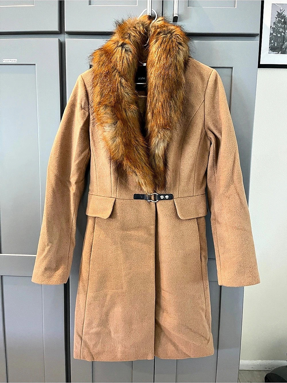 Ivanka Trump Faux-Fur Trim Shawl Collar Wool Blend Coat Wool Blend Coat Brown